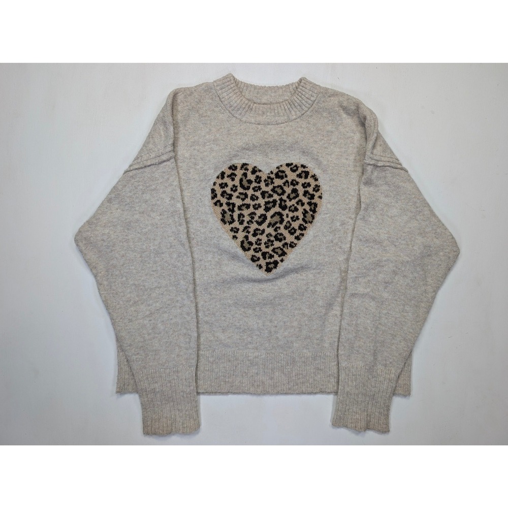 American Eagle Womens Large Oatmeal Leopard Heart Crewneck Sweater Heather Gray